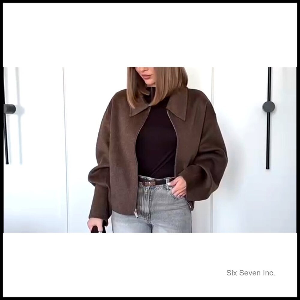 Cropped Wool Blend Pea Coat with Zipper Closure, Long Sleeve - Picture 6 of 7